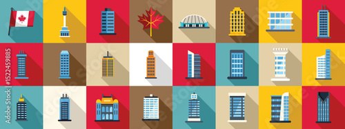 Toronto icons set. Collection of flat design icons showcasing toronto's diverse architecture, including famous landmarks and the national flag and maple leaf