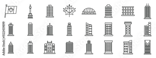 Toronto icons set. Line art icons showcasing diverse architectural styles, blending modern skyscrapers with traditional canadian elements