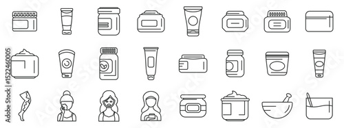 Cosmetic scrub icons set. Line icons depicting women applying facial cream, tubes, jars, and containers of beauty products, as well as ingredients and tools