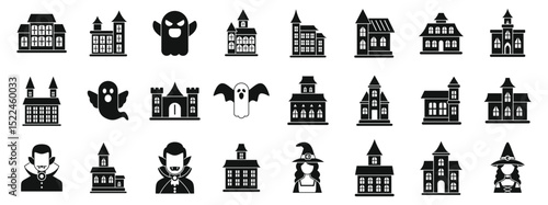 Old castle ghosts icons set. Black and white icons evoke classic halloween imagery, depicting haunted houses, ghosts, vampires, and witches, perfect for spooky designs