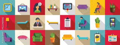 Psychologist office icons set. Psychologist icons represent various aspects of mental health therapy, including counseling sessions, patient treatment, and psychological support