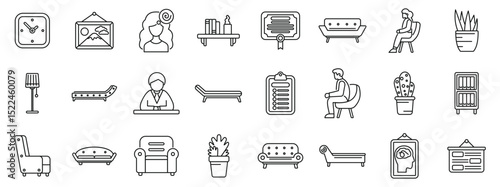 Psychologist office icons set. Psychotherapist consulting room icons showing furniture, plants, diploma, patient, and doctor