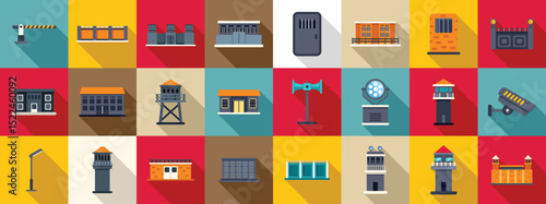 Prison building icons set. Prison security icons showing various jail elements depicting incarceration, surveillance, and confinement