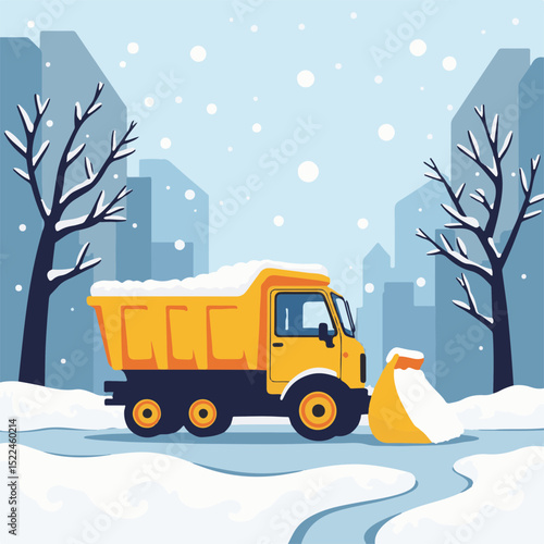 Yellow snow plow truck clearing snow on city street. Winter cleanup includes snow removal from roads and sidewalks. This snow removal scene is perfect for winter themed designs.