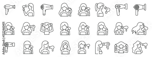 Girl dries hair icons set. Line icons depicting women using hair dryers, showcasing various hairstyles and hair drying techniques