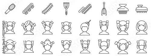 Head massage icons set. Hairdressers massaging clients' scalps, using brushes, combs, and other tools, promoting relaxation and hair health