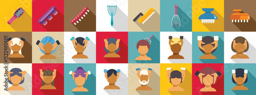 Head massage icons set. Hair care professionals providing relaxing and therapeutic scalp massage services to diverse clients, using specialized tools and techniques