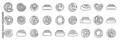 Cinnamon bun icons set. Cinnamon rolls are depicted in various shapes and presentations, showcasing swirls, icing, and different baking styles