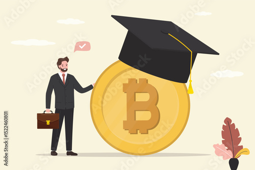 Financial and crypto literacy, education. Cryptocurrency, successful trader or investor standing near BTC currency coin. Bitcoin with graduation hat. Blockchain technology.
