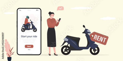 Bike, moped for rent, female customer uses mobile phone for renting and payment motorcycle. App for renting scooter. Urban transport. Online service, modern technologies.