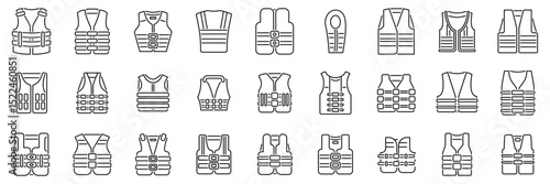 Safety vest icons set. Various styles of life vests are depicted, emphasizing the importance of safety precautions in aquatic environments