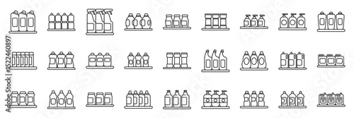 Shelves household chemicals icons set. Cleaning product shelf icons represent various detergents, soaps, and disinfectants, essential for maintaining hygiene and cleanliness