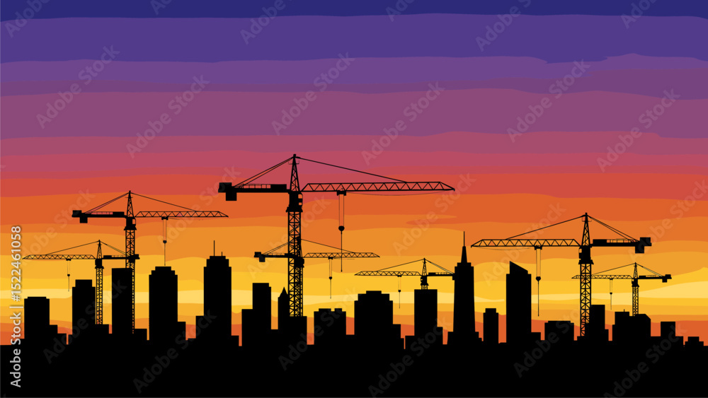 Obraz premium Cityscape Construction at Sunset Silhouette