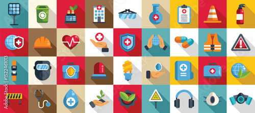 HSE icons set. Collection of colorful flat design icons symbolizing healthcare, environmental protection, and workplace safety