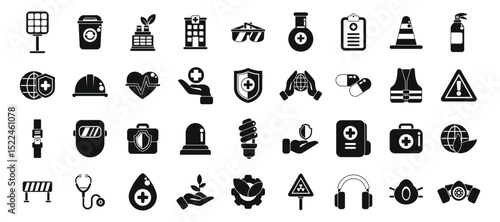 HSE icons set. Essential hse icons represent workplace safety, health, and environmental protection, fostering a culture of well being and risk mitigation