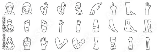 Edema icons set. Collection of simple black and white icons representing various human body parts, including arms, legs, hands, and feet, ideal for medical or anatomy projects