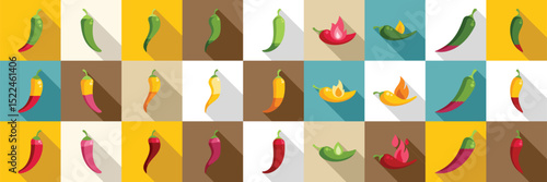Spicy level icons set. Colorful chili peppers arranged in a grid, showcasing various stages of ripeness and spiciness levels