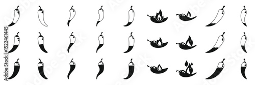 Spicy level icons set. Different chili pepper icons representing increasing levels of spiciness, culminating in a burning sensation