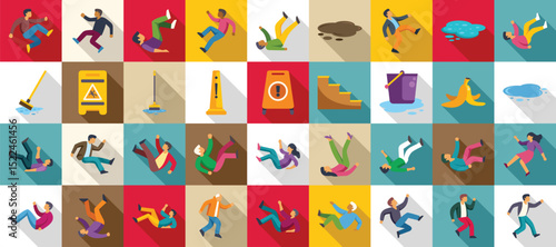 Slip people icons set. Collection of illustrations representing different accident scenarios with people falling due to slippery surfaces, obstacles, and unsafe environments