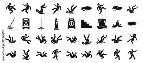 Slip people icons set. People slipping and falling down, caution wet floor sign, safety warning sign, cleaning mop and bucket icons