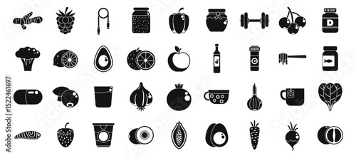 Boost immune icons set. Icons represent healthy lifestyle, combining fitness, nutritious foods, and supplements for overall well being