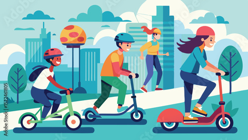 People Riding Scooters in a City Park with Trees and Buildings Background