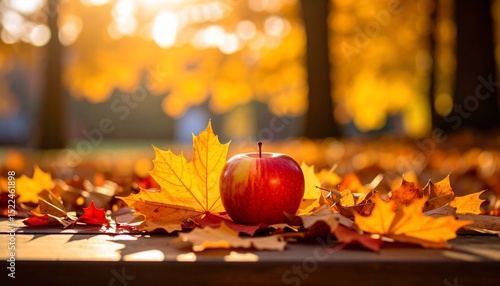 Autumnal Delight: A Red Apple Amidst Golden Leaves