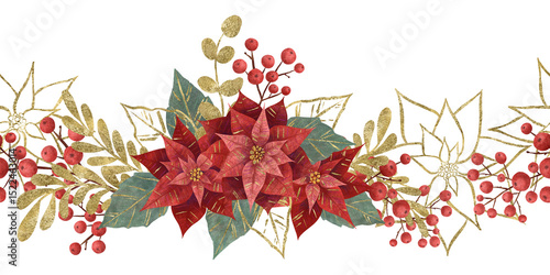 Seamless border with a red poinsettia Christmas flower, green and golden vegetation, berries highlighted on a white background. Design element