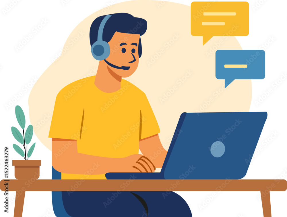 Man typing on laptop wearing headset and chatting Man typing on laptop wearing headset and chatting