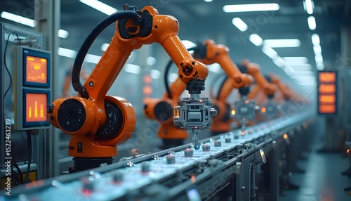 Automated Robotic Arms Operating in High-Tech Manufacturing Factory