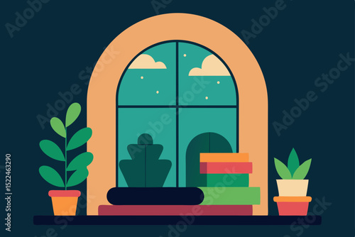 Wallpaper Mural Cozy Nighttime Windowsill Scene Plants, Books, and Starry Night View Torontodigital.ca