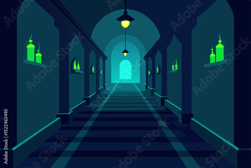 haunted mansion hallway with flickering lights 