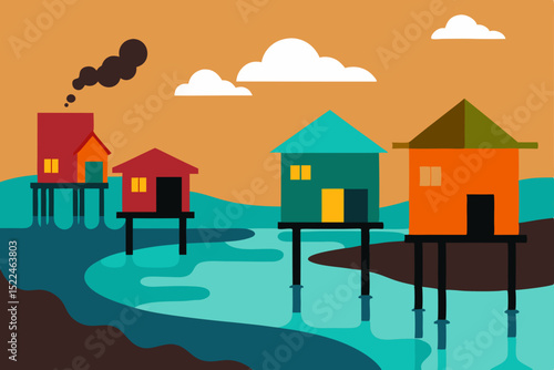 squatter houses on stilts beside a polluted river