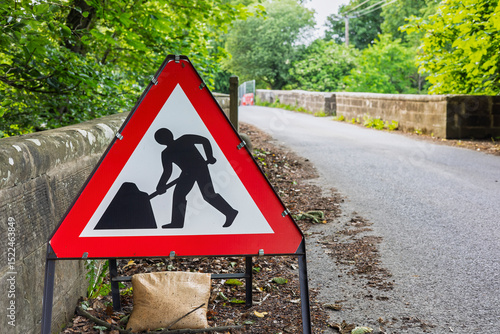 Roadworks Ahead Sign for Bridge Repair on a Country Lane