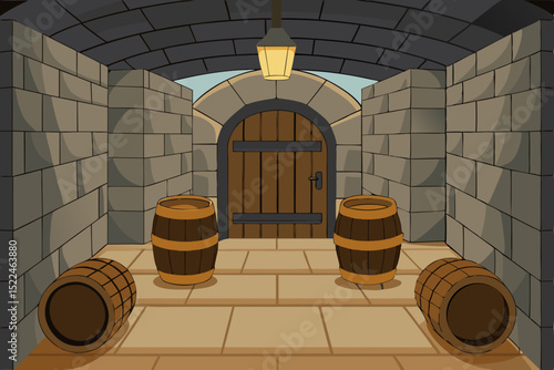 underground wine cellar with stone walls and wood