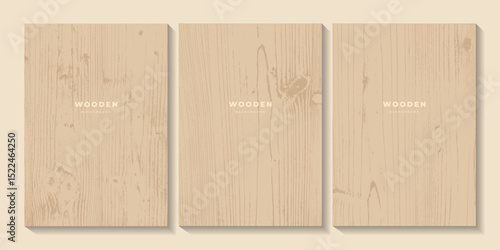 Set of wooden textures. Eco concept background with wood annual rings texture. Minimal vertical banner, business card with tree pattern. Templates with light wooden boards