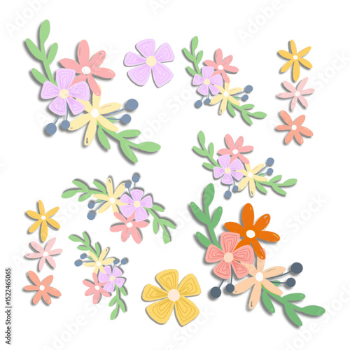 Charming scattered pastel flowers with delicate leaves.