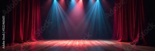 A dramatic stage bathed in spotlight, ready for a performance Velvet curtains are drawn back, revealing empty seats and a polished wooden floor , shadows, proscenium