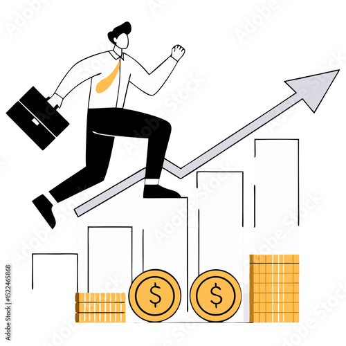 Economic growth concept. The stock market grows up, profits, and successful investing. A businessman jumps up on the growing stacks of coins. Vector flat illustration isolated on the white background.