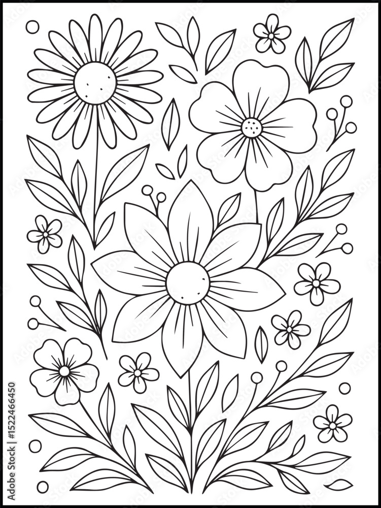 Fototapeta premium Butterfly and Flower Bouquet Coloring Page – Printable Line Art for Adults and Kids to Relax, Unwind, and Enjoy Creative Fun