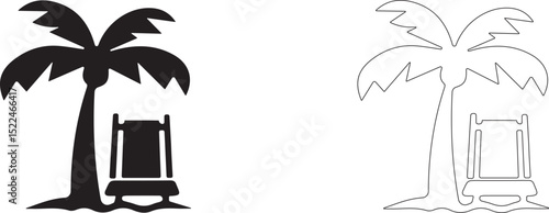 Sun lounger under palm tree. Vacation vector icon.