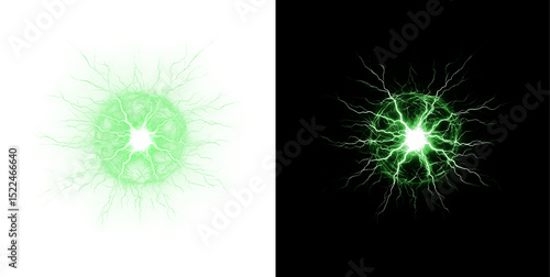 Lightning, green, energy, electric, thunder glowing PNG storm strike with electric spark. PNG Overlay on transparent background, abstract weather effect for nature, power, and climate visuals.