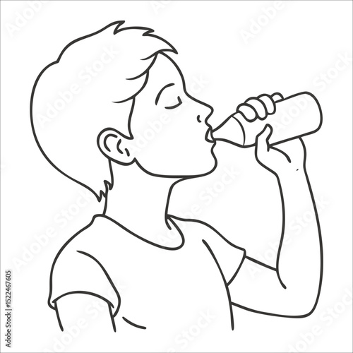 Vector icon of tired boy drinking water while seated. Post-practice hydration in sports recovery context.