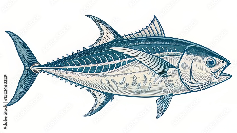 Fototapeta premium A vintage-style scientific rendering of a tuna fish with clear anatomical detail, set on a transparent background to evoke timeless educational diagrams.
