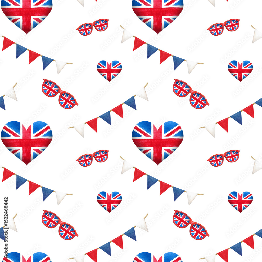Obraz premium Seamless pattern. Festive collection of hand-painted watercolor elements with British symbols. Hearts, flags, confetti ribbons and festive garlands.