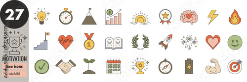 Motivation - thin line icons set, colorful fill. Success, goal-setting, achievement, self-improvement, progress, positive thinking, resilience, passion, determination, ambition, vector illustration