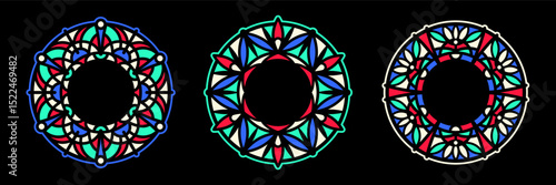 Stained glass round frames collection, circle shape patterns set, medieval gothic rose window mandala ornament, tracery. Radial floral motive design element. Colorful mosaic decoration, background