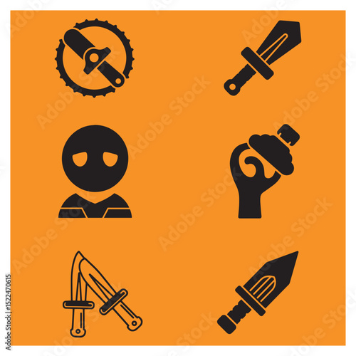 Abstract black icons of weapons and figures against orange background for graphic design
