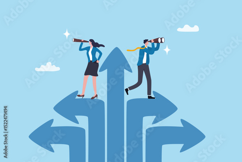 Vision to see success direction in uncertainty, change or leadership to make decision, planning or discovery challenge, search for opportunity, businessman woman look through telescope and spyglass.