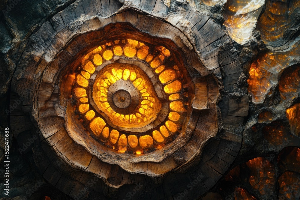 Fototapeta premium Intricate wooden spiral with glowing amber accents, resembling a geological cross-section.